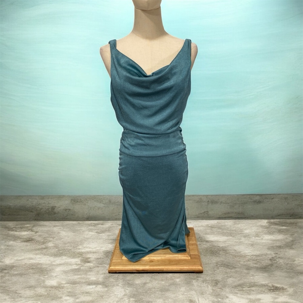 Liz & Sara Teal Cowl Neck Ruched Maxi Dress".
